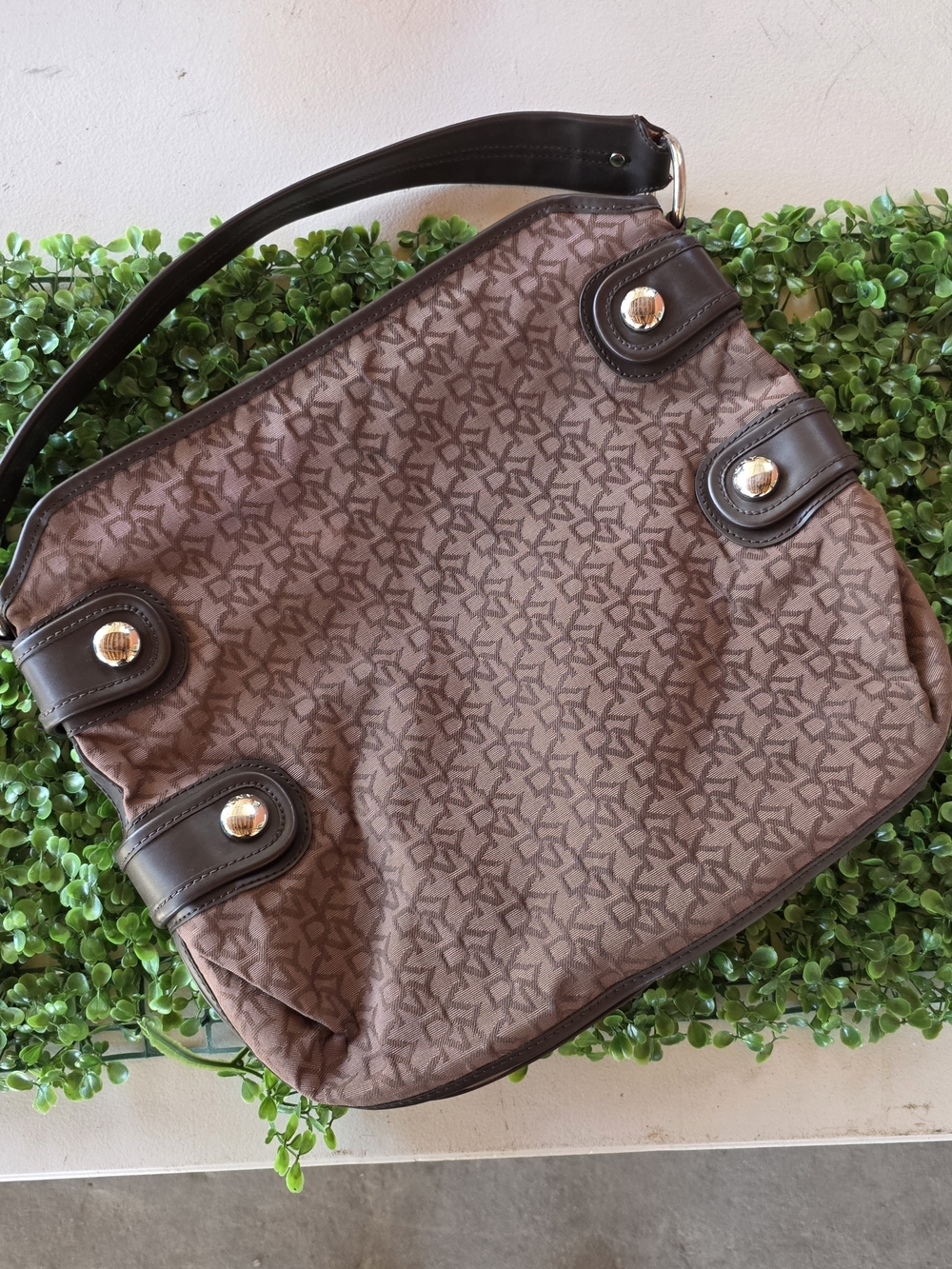 ​DKNY Vintage Y2K Monogram Jacquard Hobo Shoulder Bag Brown Studded